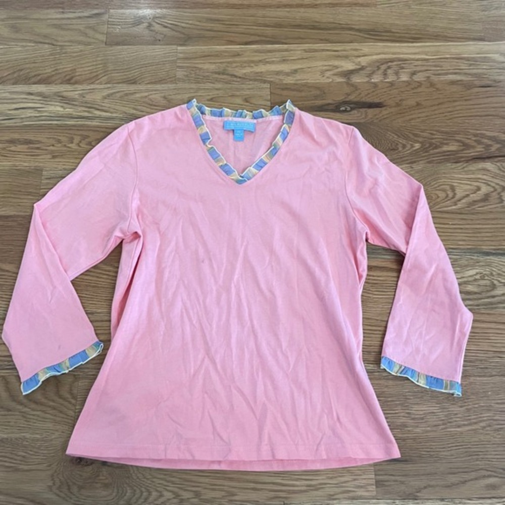 J‎ McLaughlin Pink Ruffle V Neck Long Sleeve Cotton Top XS Made in USA
